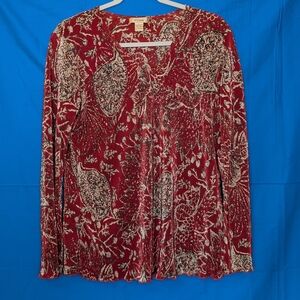 Plisse ribbed long sleeve blouse in rust, black and tan pattern, size large